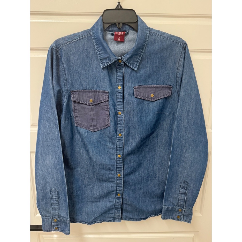 Clock House 44 Womens Denim Mixed Media Snap Button Shirt Blue medium